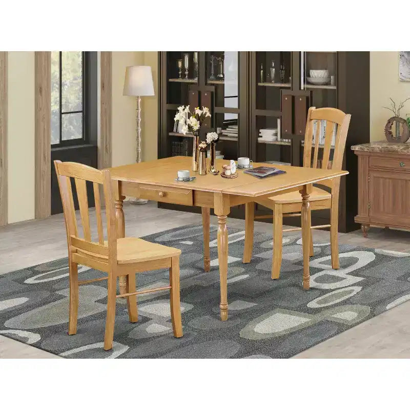 Ensemble de salle à manger 3 pièces HomeStock avec plateau en bois massif fini chêne brun naturel et table à rabats