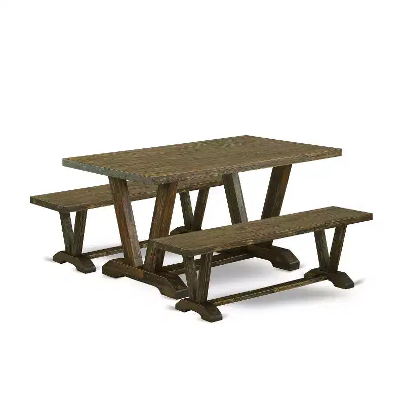 HomeStock 3-Piece Rectangle Distressed Jacobean Finish Solid Wood Top Dining Table with 2-Benches