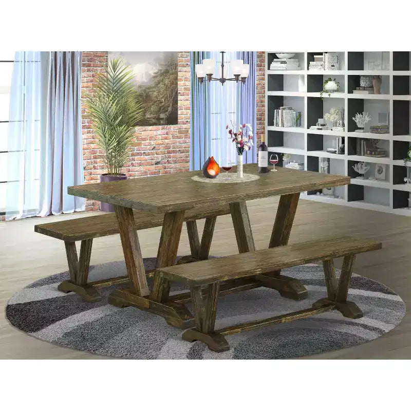 Table à manger 3 pièces HomeStock avec plateau en bois massif finition jacobéenne vieillie et 2 bancs