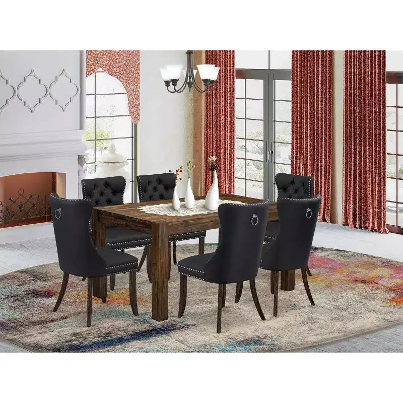 Table de salle à manger HomeStock 7 pièces rectangulaire en bois massif finition jacobine vieillie avec 6 chaises