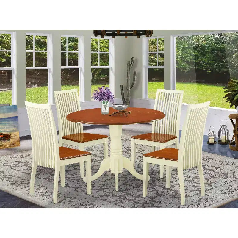 Ensemble table de cuisine ronde avec 4 chaises - Ensemble de salle à manger 107 cm - Finition cerisier crème