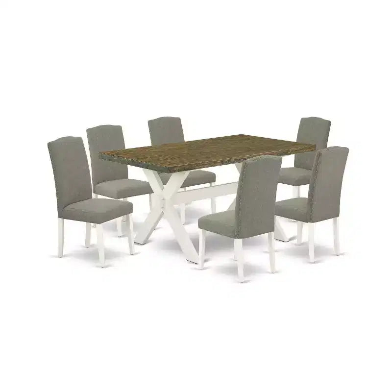 7-Piece Rectangle Distressed Jacobean Finish Solid Wood Top Dining Table with 6 Parson-Chairs with
