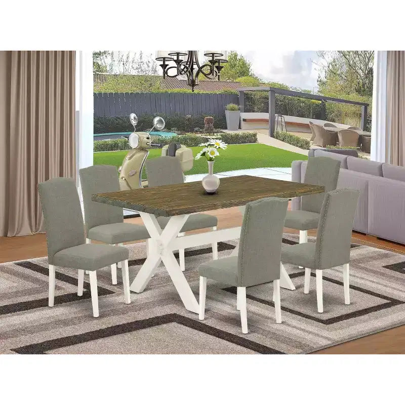 Table à manger rectangulaire 7 pièces en bois massif finition jacobine patinée avec 6 chaises Parson