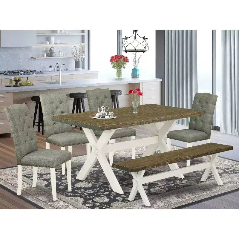 Table à manger 6 pièces avec plateau en bois massif finition chêne naturel, 1 banc et 4 chaises avec