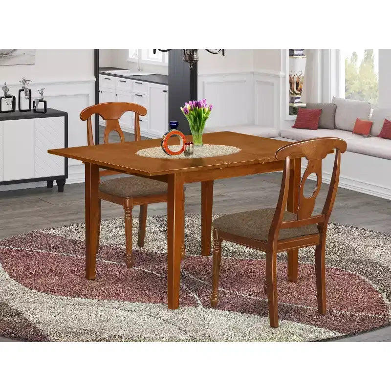 Ensemble de salle à manger 3 pièces HomeStock avec plateau en bois massif et finition brun selle