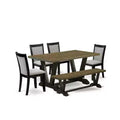 HomeStock 6-Piece Distressed Jacobean Finish Solid Wood Top Dining Table with 1-Bench, 4 Upholstered-Chairs