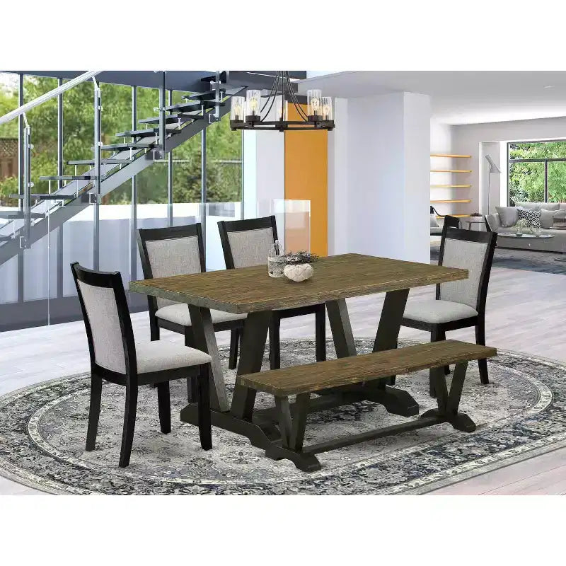 Ensemble de salle à manger HomeStock 6 pièces, plateau en bois massif au fini jacobéen vieilli, avec 1 banc et 4 chaises rembourrées
