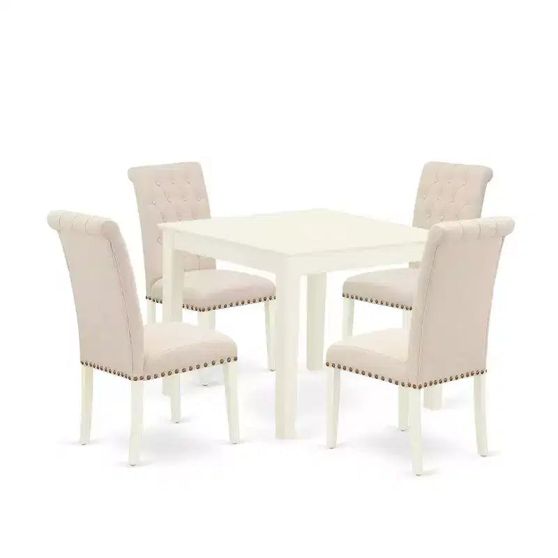 HomeStock 5-Pc Linen White Finish Solid Wood Top - Square Dining Room Set - Seats 4