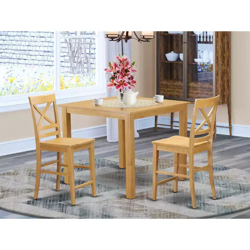 Ensemble de salle à manger 3 pièces HomeStock avec table de hauteur comptoir et plateau en bois massif finition chêne marron naturel