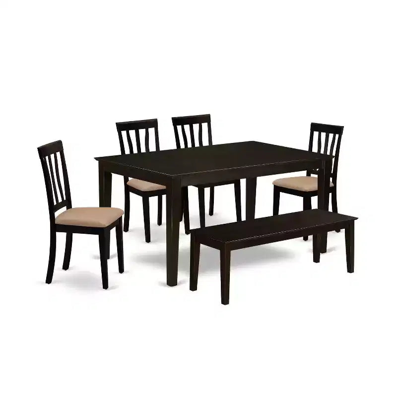 HomeStock 6-Piece Rectangle Cappuccino Finish Solid Wood Top Dining Table with 1 Bench, 4 Chairs