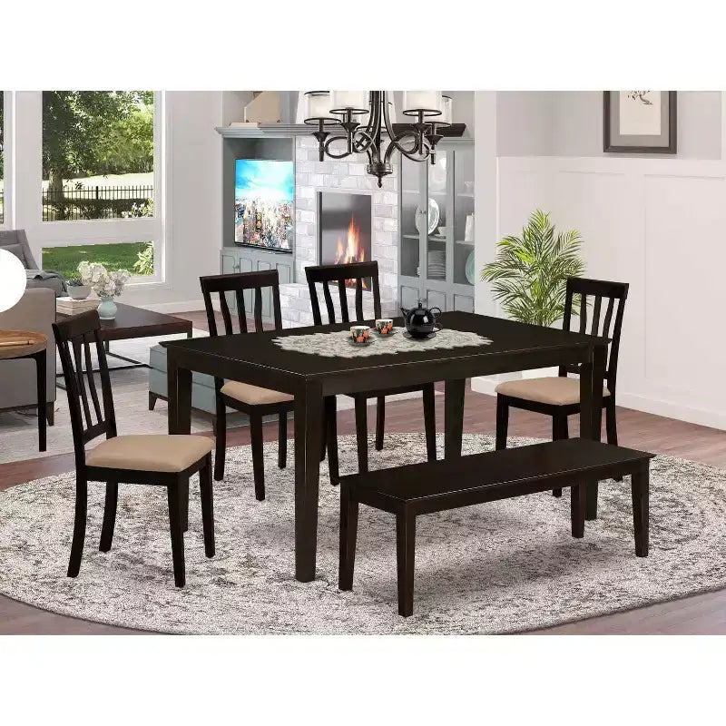HomeStock Table à manger rectangulaire 6 pièces en bois massif finition cappuccino avec 1 banc et 4 chaises