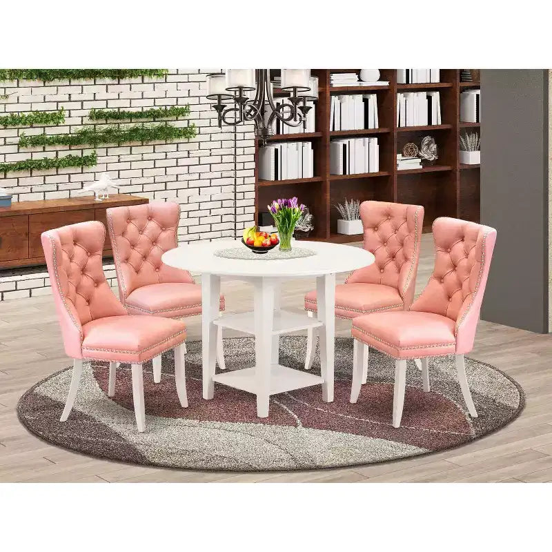 Ensemble de salle à manger rond 5 pièces en bois massif finition blanc lin – Pour 4 personnes