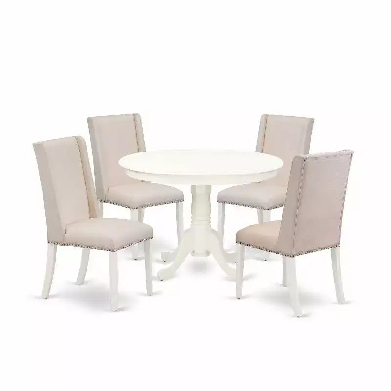 HomeStock 5-Piece Linen White Finish Solid Wood Top Dining Table with 4 Parson Chair