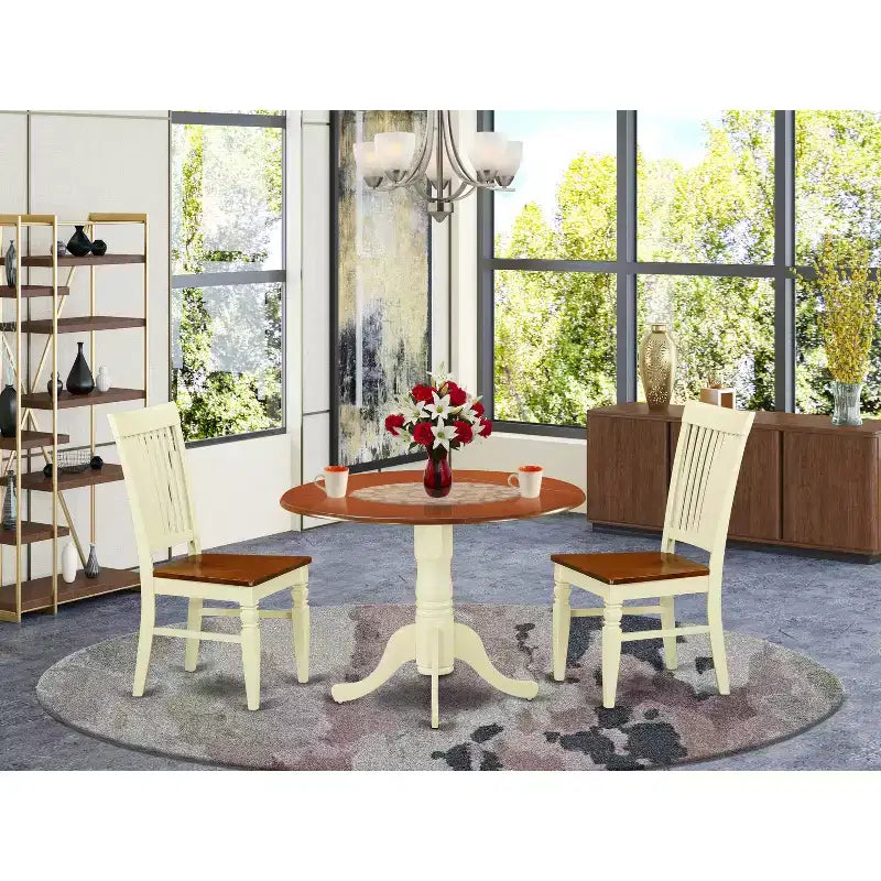Ensemble Table à Manger Ronde - 3 Pièces Style Asiatique Table et Chaises - Finition Cerisier Buttermilk 42