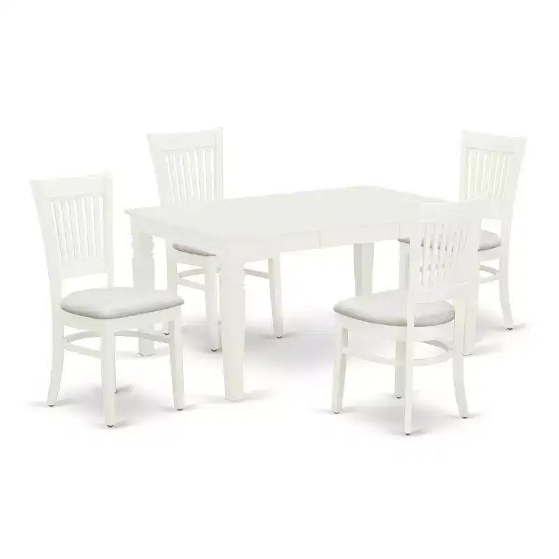 HomeStock 5-Piece Rectangle Linen White Finish Solid Wood Top Dining table with 4 Chairs with Butterfly Leaf Slat Back