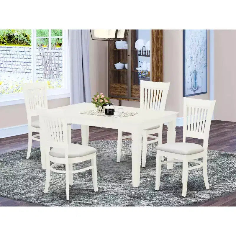 HomeStock Table à manger rectangulaire 5 pièces, plateau en bois massif finition blanc lin, 4 chaises à dossier à lattes avec rallonge papillon