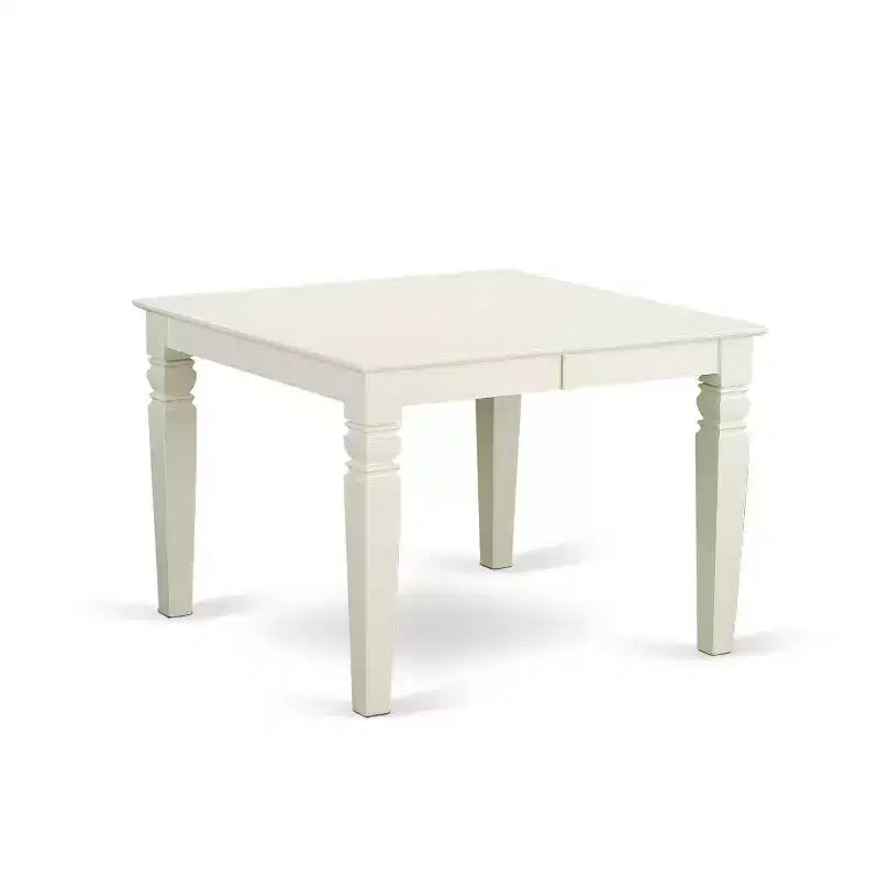 HomeStock Table à manger rectangulaire 5 pièces, plateau en bois massif finition blanc lin, 4 chaises à dossier à lattes avec rallonge papillon