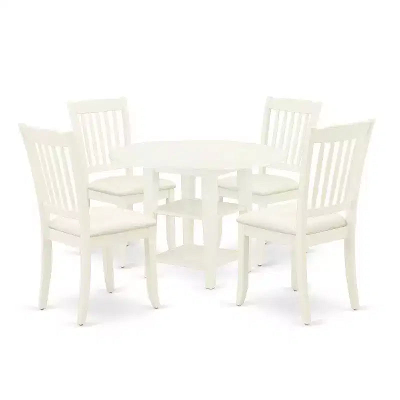 HomeStock 5-Pc Linen White Finish Solid Wood Top - Round Dining Room Set with Dropleaf - Seats 4