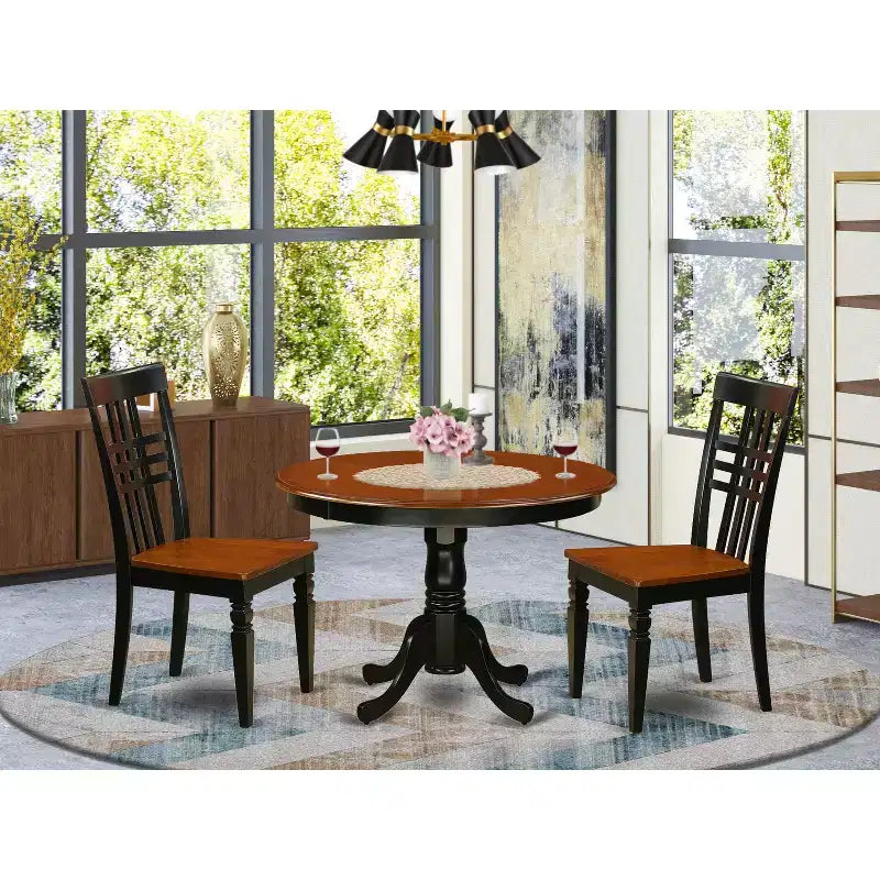 Table de salle à manger HomeStock 3 pièces ronde en bois massif, finition noire et merisier, avec 2 chaises