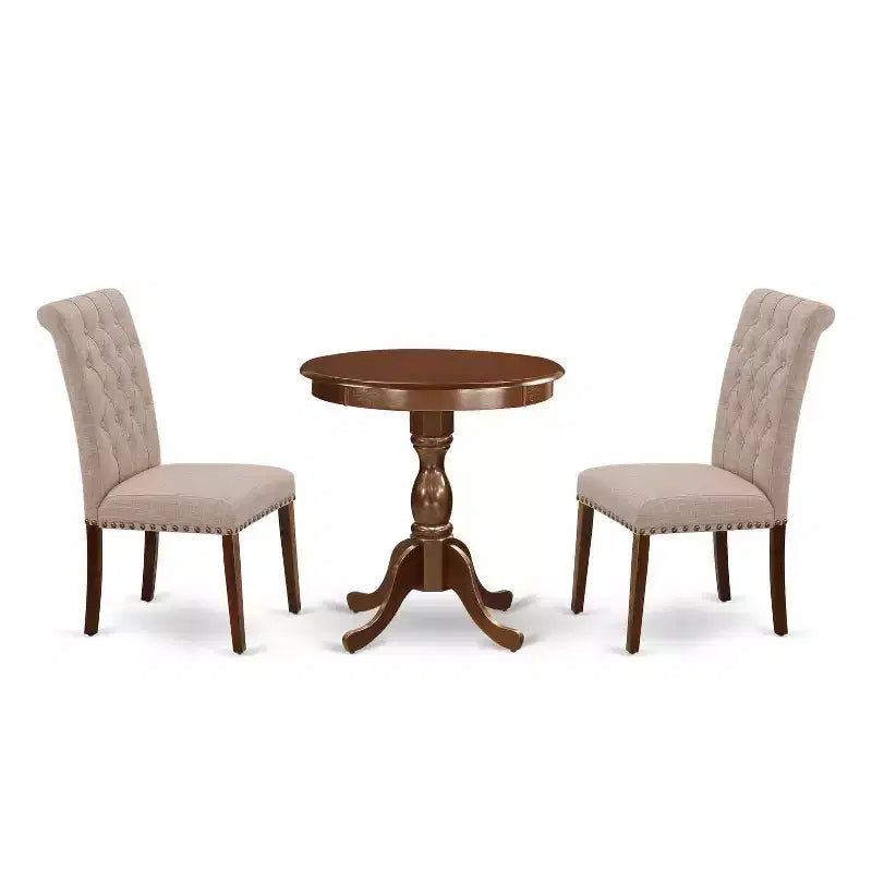 3-Piece Mahogany Finish Solid Wood Top - Upholstered Dining Room Set - Seats 4