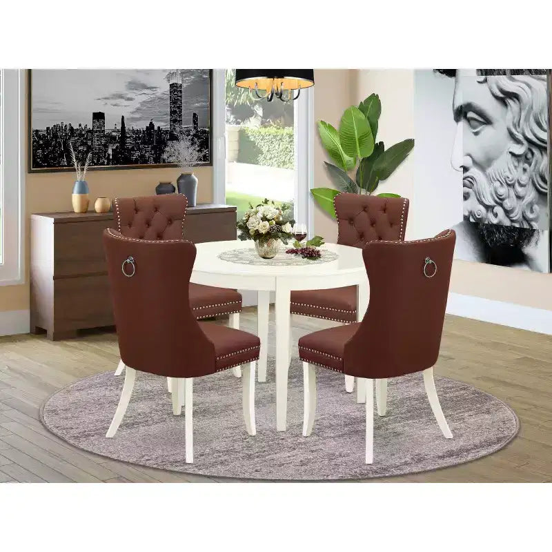 Ensemble de salle à manger 5 pièces en bois massif blanc cassé - Table ronde rembourrée - (4 places)