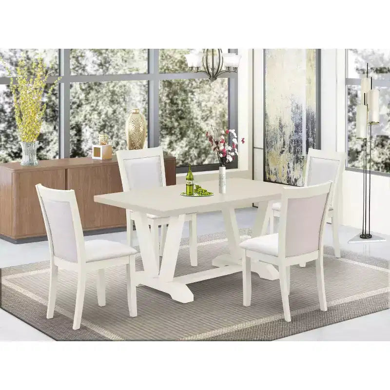 HomeStock Table de salle à manger rectangulaire 5 pièces, plateau en bois massif finition lin brossé blanc avec 4 chaises Parson