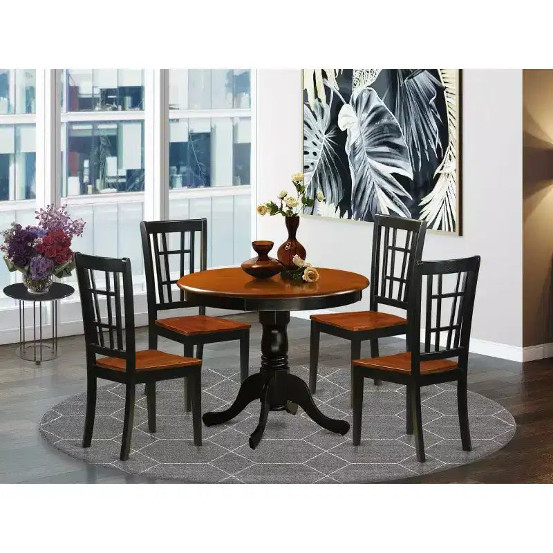 Table à manger ronde 5 pièces, plateau en bois massif finition noire avec 4 chaises