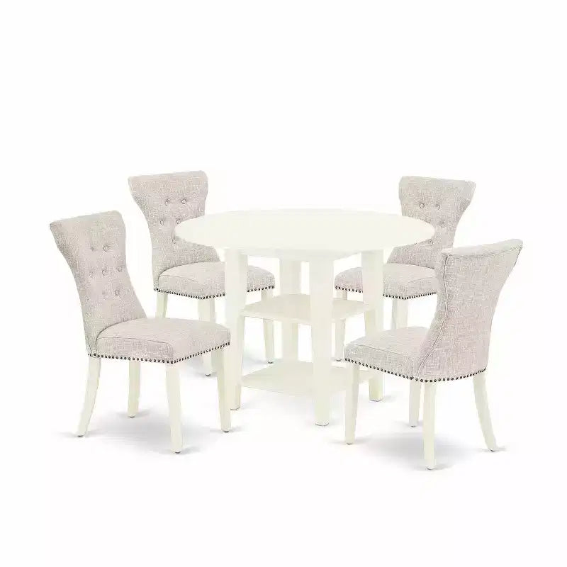 5-Piece Linen White Finish Solid Wood Top - Round Dining Room Set with Leaf - Seats 4