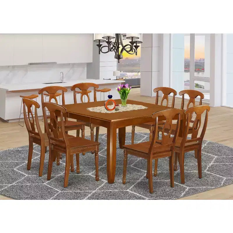 Table à manger 9 pièces HomeStock en bois massif finition marron selle avec 8 chaises