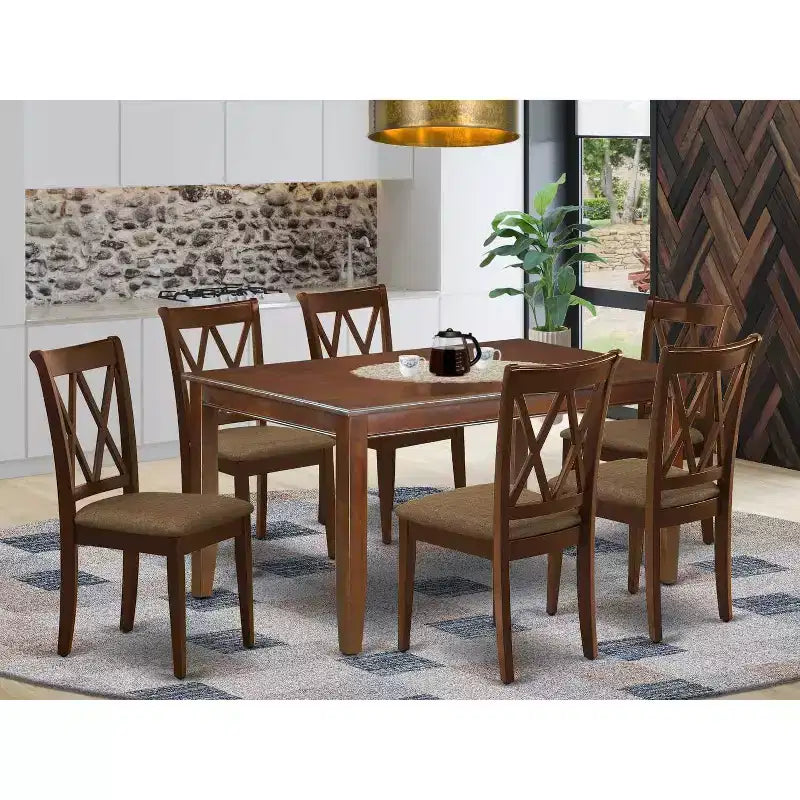 HomeStock Table à Manger Rectangulaire 7 Pièces en Bois Massif Finition Acajou avec 6 Chaises à Dossier Croisé