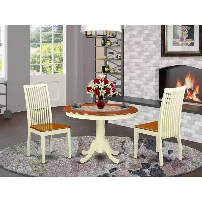 Ensemble de salle à manger rond 3 pièces HomeStock en bois massif couleur crème et cerisier – 4 places