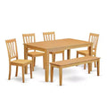 HomeStock 6-Piece Rectangle Natural Oak Finish Solid Wood Top Dining Table with 1 Bench, 4 Chairs with Slat Back, Seats 6