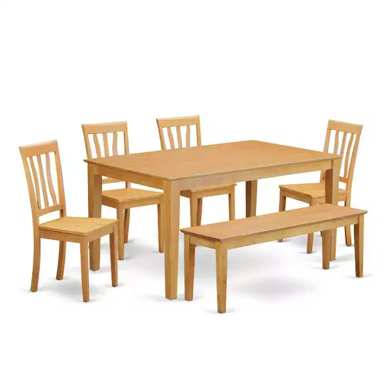 HomeStock 6-Piece Rectangle Natural Oak Finish Solid Wood Top Dining Table with 1 Bench, 4 Chairs with Slat Back, Seats 6