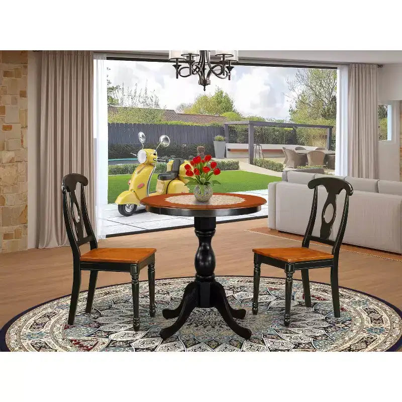 Ensemble repas moderne 3 pièces – Table ronde en bois et 2 chaises Mid-Century – Finition noire