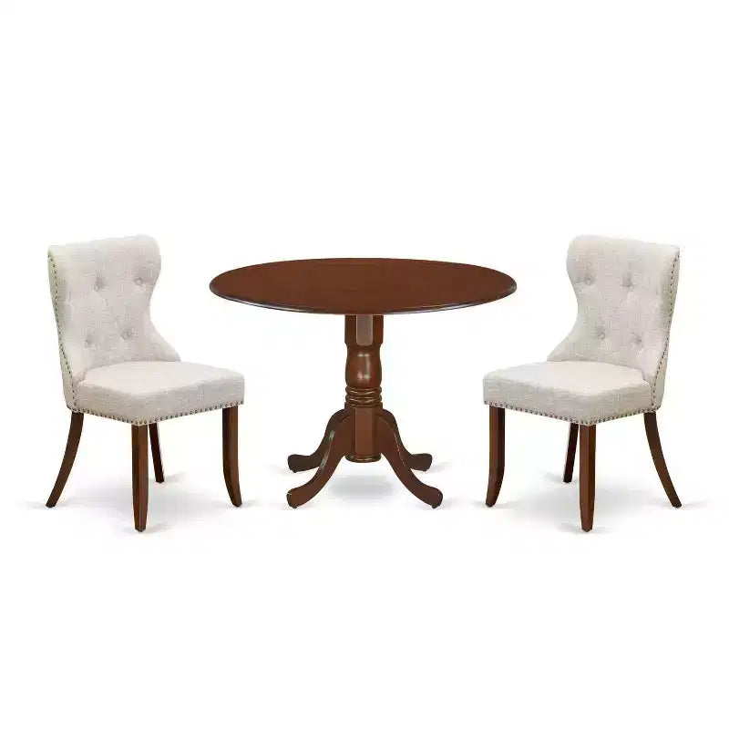 3-Piece Mahogany Finish Solid Wood Top - Round Dining Room Set Seats-4