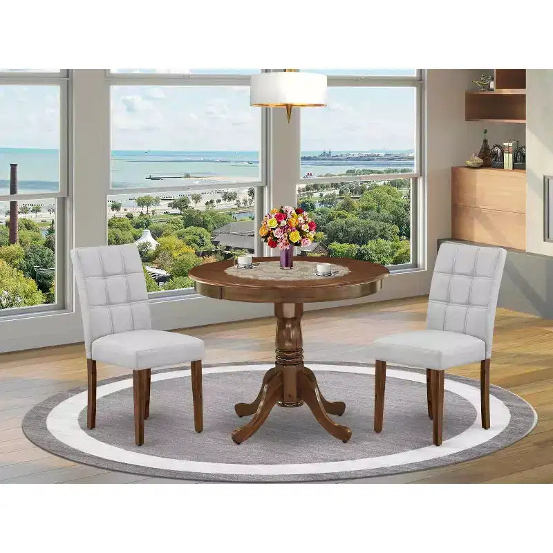 Ensemble de salle à manger avec table ronde à piédestal et 2 chaises - Ensemble de cuisine finition noyer antique
