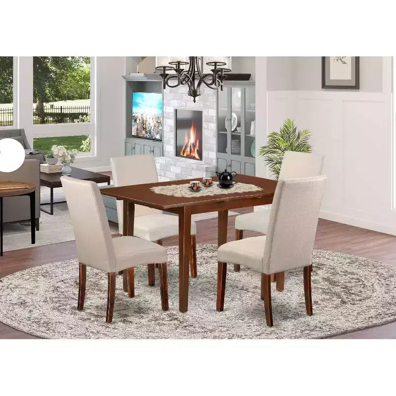 Ensemble table de cuisine rectangulaire 5 pièces – Table 48/60 avec rallonge papillon et 4 chaises – Tissu lin crème