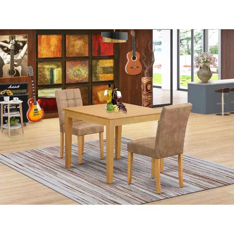 HomeStock Ensemble table de salle à manger 3 pièces en chêne naturel marron avec plateau en bois massif carré - 2 places
