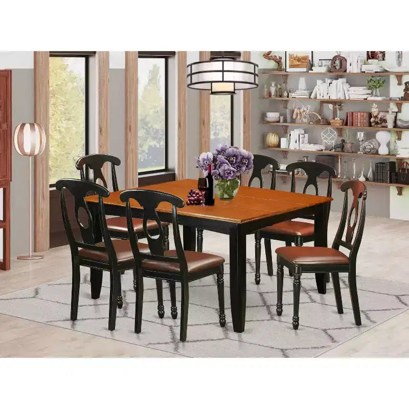 Table de salle à manger HomeStock 7 pièces avec plateau carré en bois massif finition noir et cerisier et 6 chaises