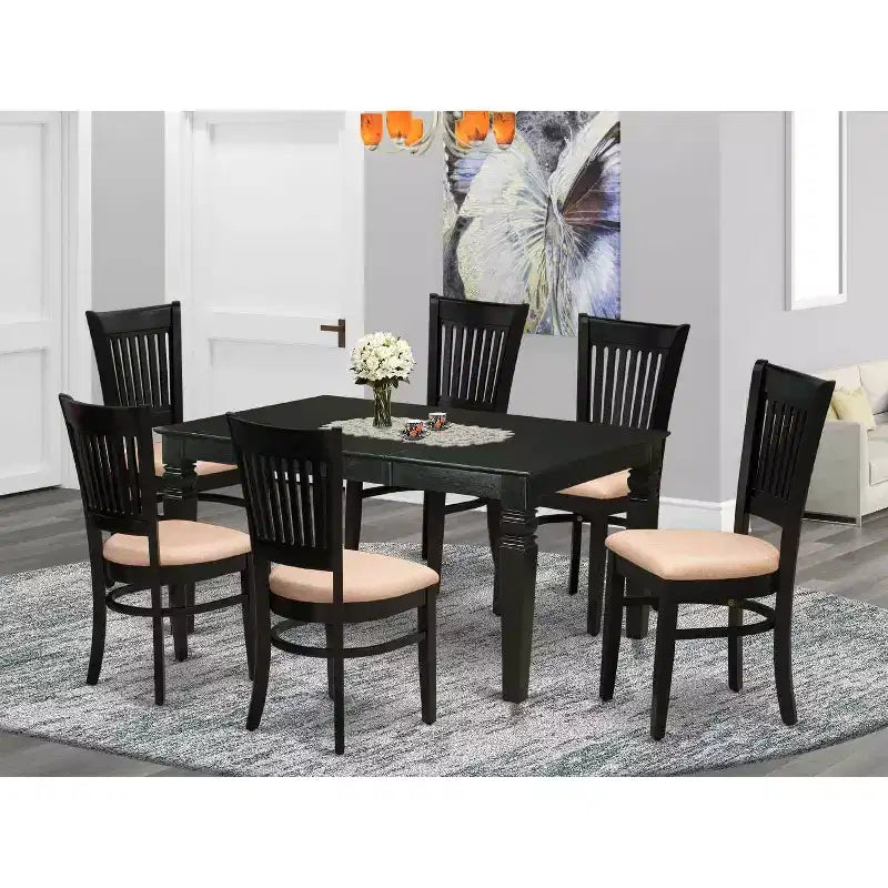 Ensemble de salle à manger HomeStock 7 pièces : table rectangulaire avec plateau en bois massif au fini noir et 6 chaises à dossier à barreaux avec rallonge papillon