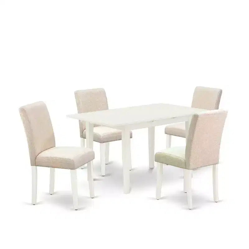 HomeStock 5-Pc Linen White Finish Solid Wood Top-Rectangular Upholstered Dining Room Set with Butterfly Leaf-Seats 4