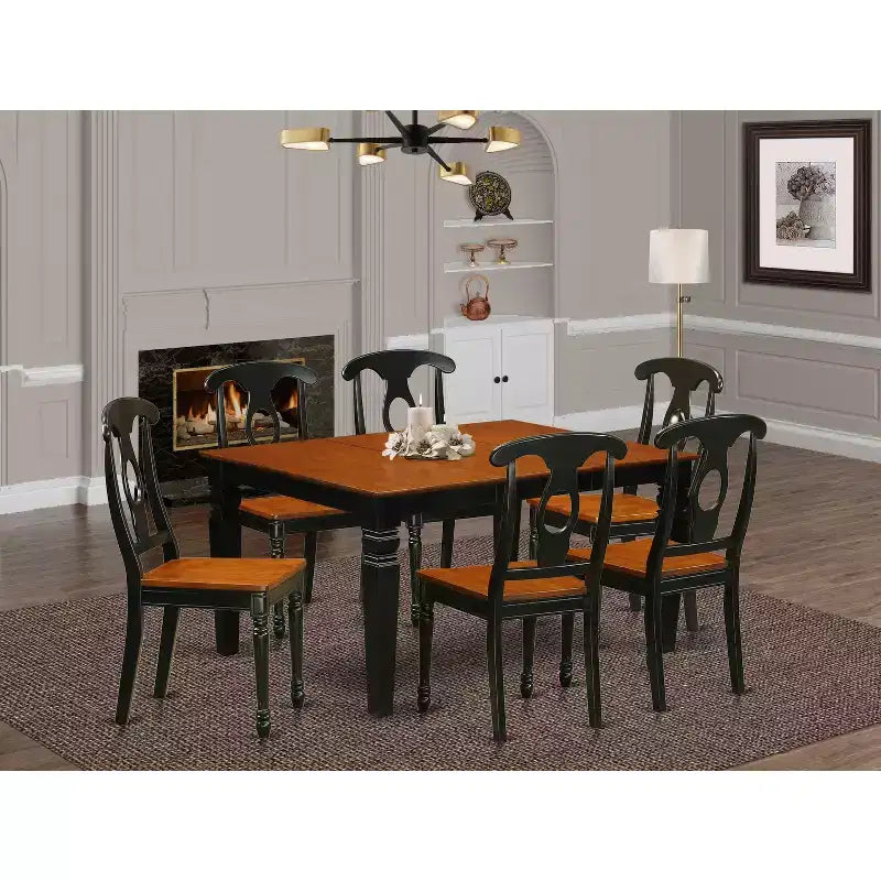 Table de salle à manger HomeStock 7 pièces avec plateau en bois massif noir et cerisier et 6 chaises