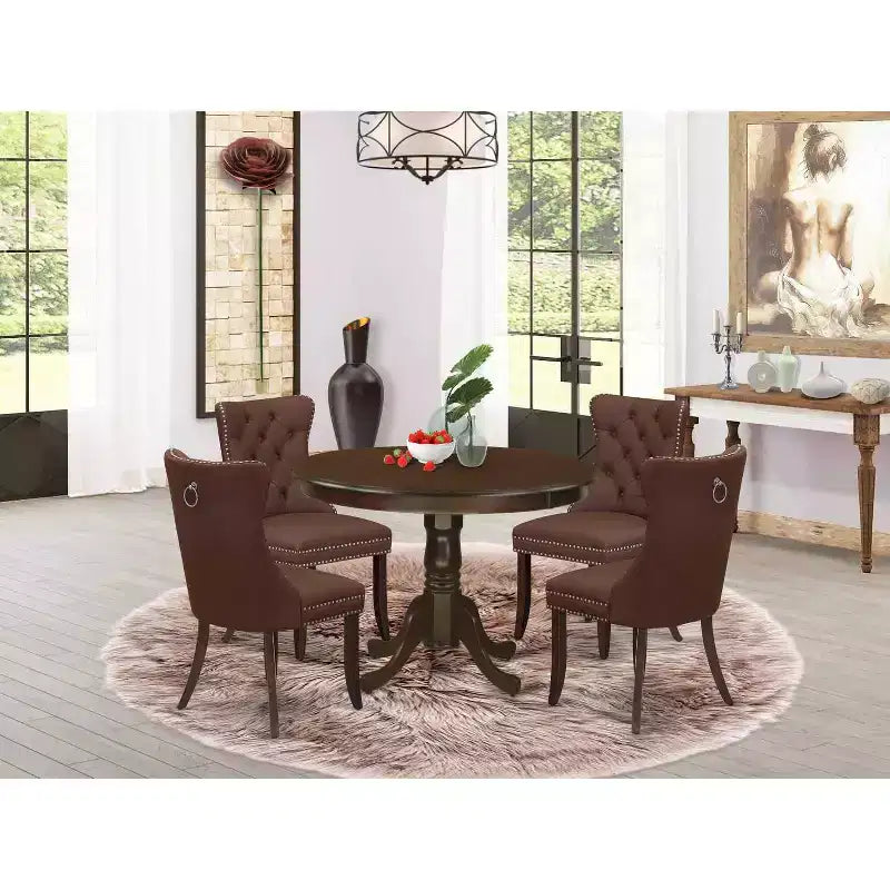 Ensemble de salle à manger néoclassique 5 pièces - Table de cuisine ronde et 4 chaises style Parsons bordeaux - Fini acajou