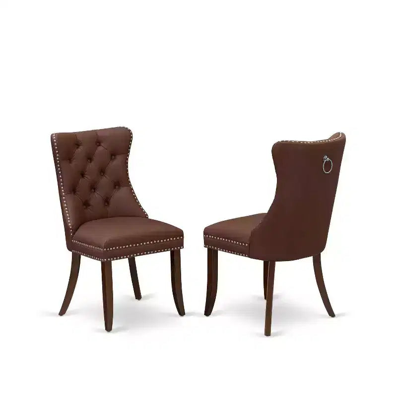 Ensemble de salle à manger néoclassique 5 pièces - Table de cuisine ronde et 4 chaises style Parsons bordeaux - Fini acajou