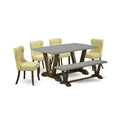 HomeStock 6-Pc Rectangle Distressed Jacobean Finish Solid Wood Top Dining Table with 1-Bench, 4-Chairs