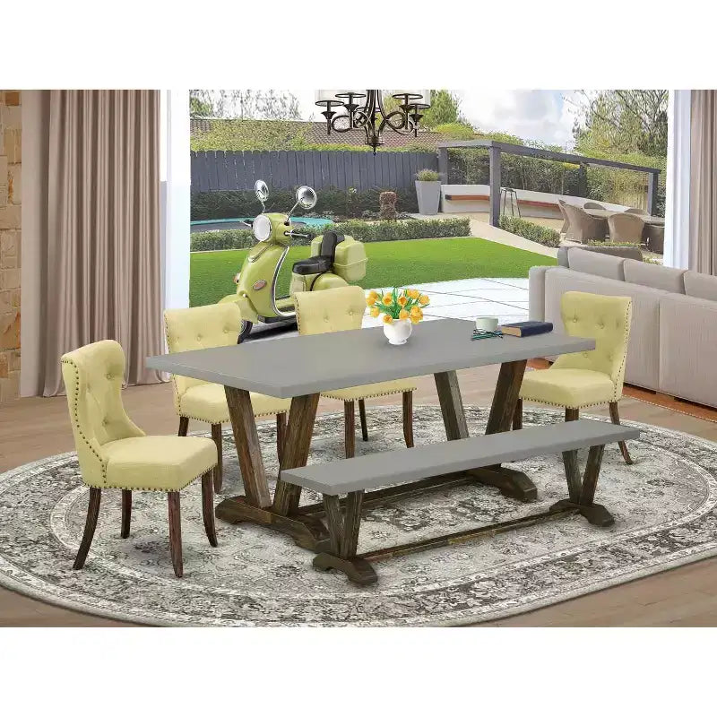HomeStock Table à manger 6 pièces rectangulaire en bois massif finition jacobine vieillie avec 1 banc et 4 chaises