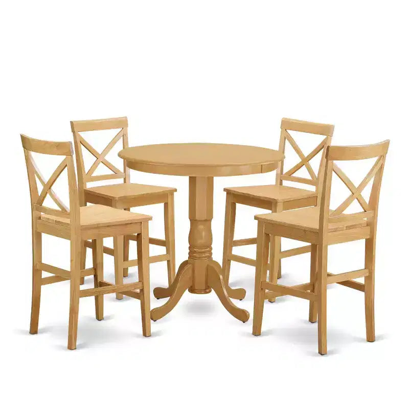 HomeStock 5-Piece Round Natural Oak Finish Solid Wood Top Dining table with 4 Chairs