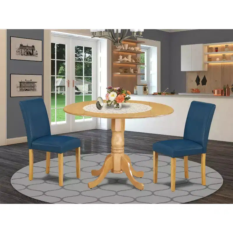 Ensemble de salle à manger rond - Table de 42 po avec abattants et 2 chaises Parsons - Cuir PU blanc lin
