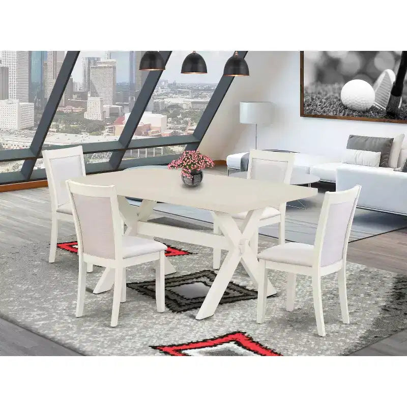 Table de salle à manger HomeStock 5 pièces, plateau en bois massif, finition brossée blanc lin, avec 4 chaises