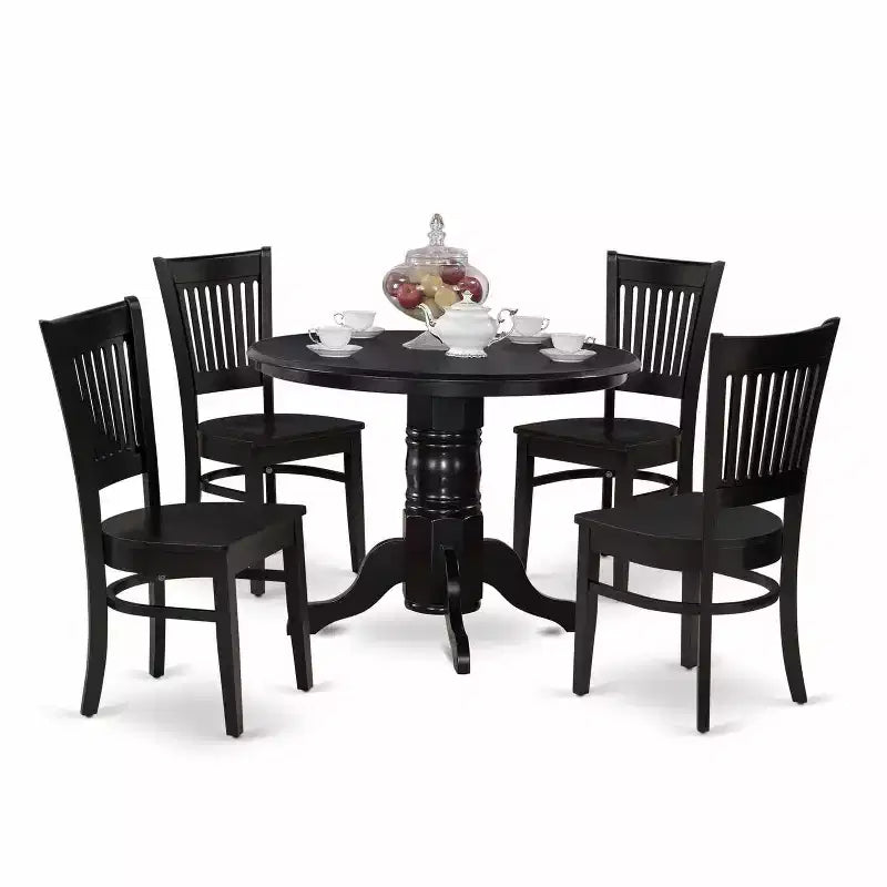 HomeStock 5-Piece Black Finish Solid Wood Top Dining table with 4 Chairs with Slat Back